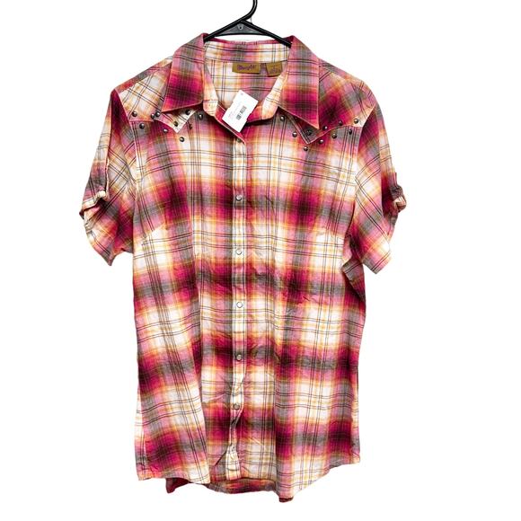 Wrangler Women's Pink & Orange Plain Pearl Snap Button Up Short Sleeve Size L - Picture 1 of 3